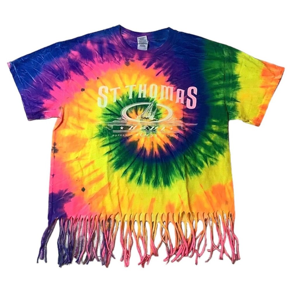 St .Thomas T Shirt Tie Dye Fringe Bottom Womens Size Medium